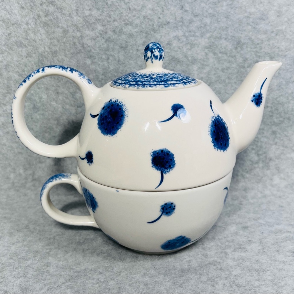 Hand Painted Herman Dodge & Son‎ Stacking Teapot Sponge Technique Blue White